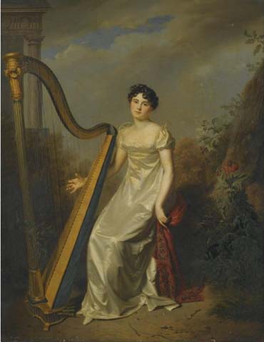 Firmin Massot Portrait of a lady, wearing a white dress and seated beside a harp a landscape beyond